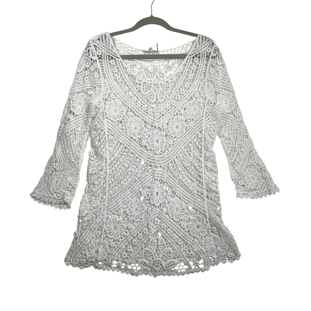 Capri White Floral Crochet Lace Tunic Top 3/4 Sleeve L/XL Boho Beach Cover Up